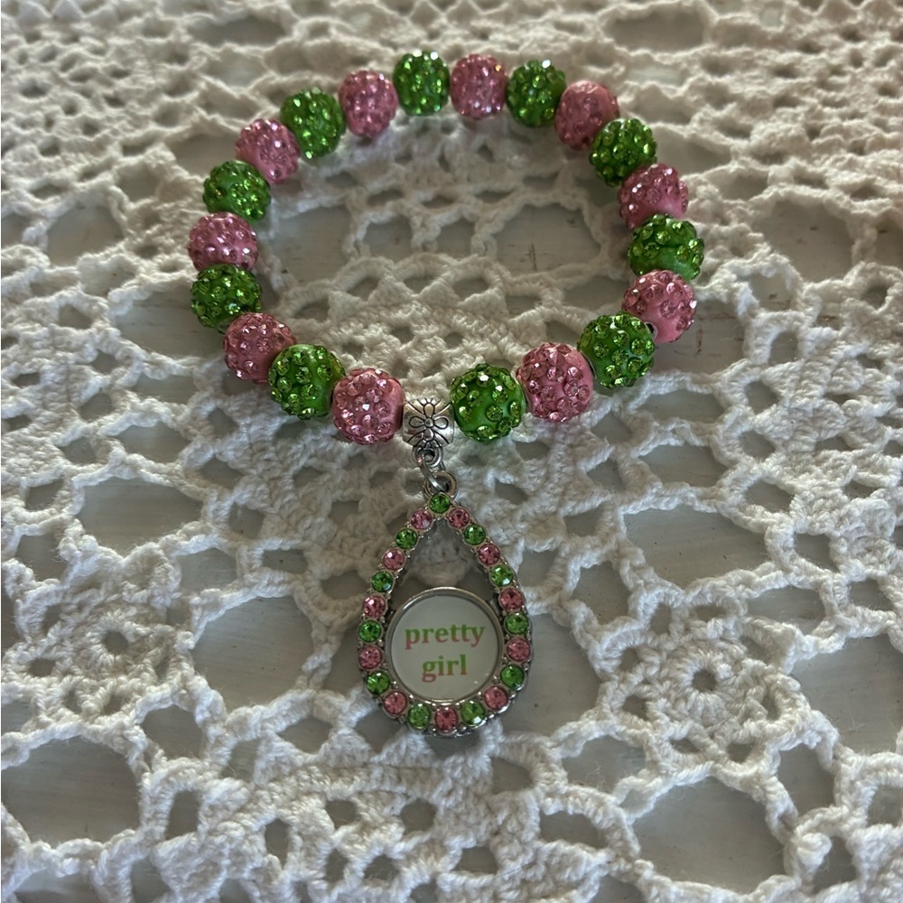 Pink & Green Beaded Charm Bracelet with Teardrop 'Pretty Girl' Pendant